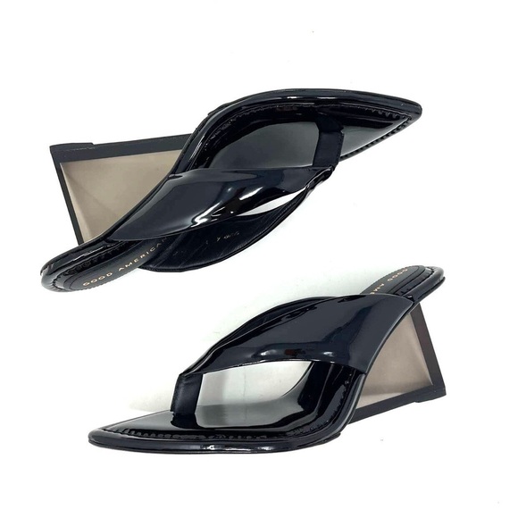 GOOD AMERICAN CINDER F*UCKING RELLA CLEAR WEDGE SANDAL BLACK PATENT LEATHER NWOB - Picture 5 of 15